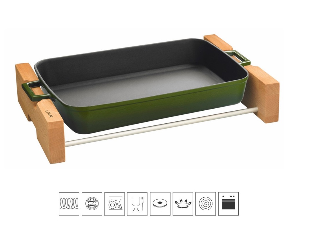 Litinový pekáč 22x30cm s dřevěným podstavcem - zelený